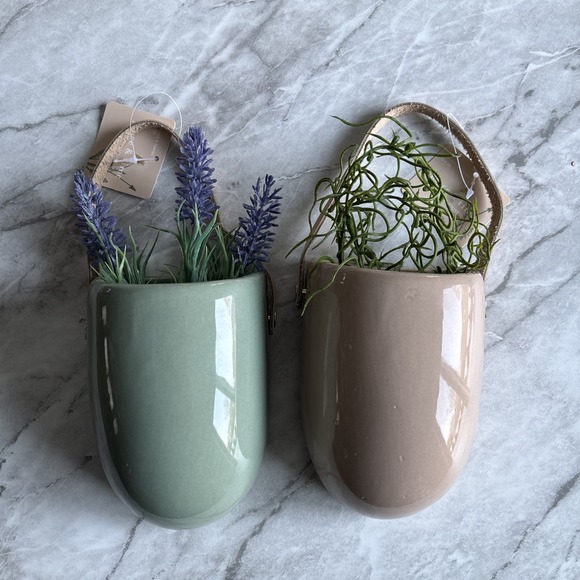Place & Time Other - Wall Hanging Cermaic Planters Green Taupe Boho Housewarming Gift Set 2pc Cozy